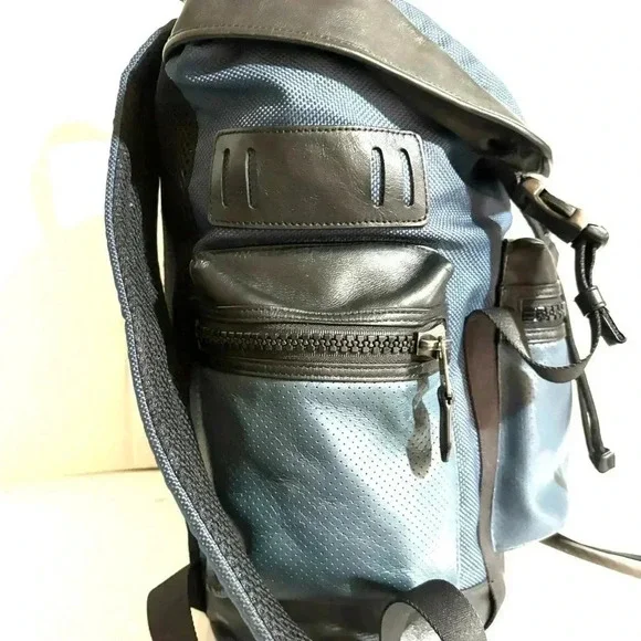 Coach unisex navy blue black leather nylon backpack - Picture 3 of 16
